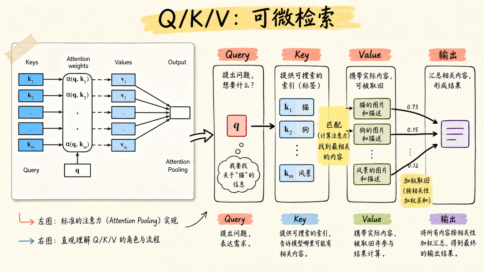 Q/K/V：可微检索