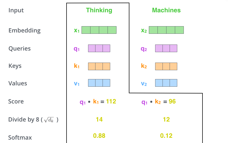 缩放后经过 softmax，把分数变成权重